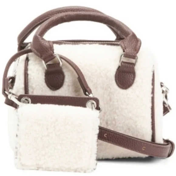 Aspen satchel bag cream Sherpa with brown faux leather trim with pouch NWT - Picture 7 of 12